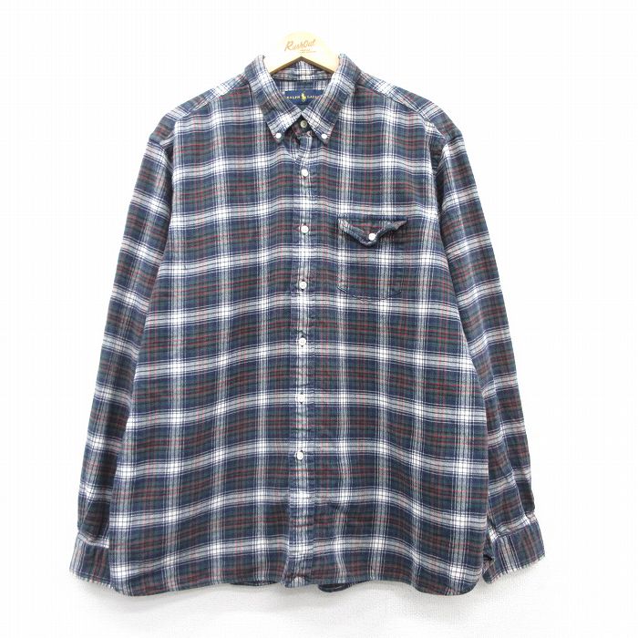 XL★古着 ラルフローレン Ralph Lauren 長袖 ブランド フランネル シャツ メンズ 大きいサイズ コットン ボタンダウン 濃緑他 グリーン チェック 25mar04 中古 トップス