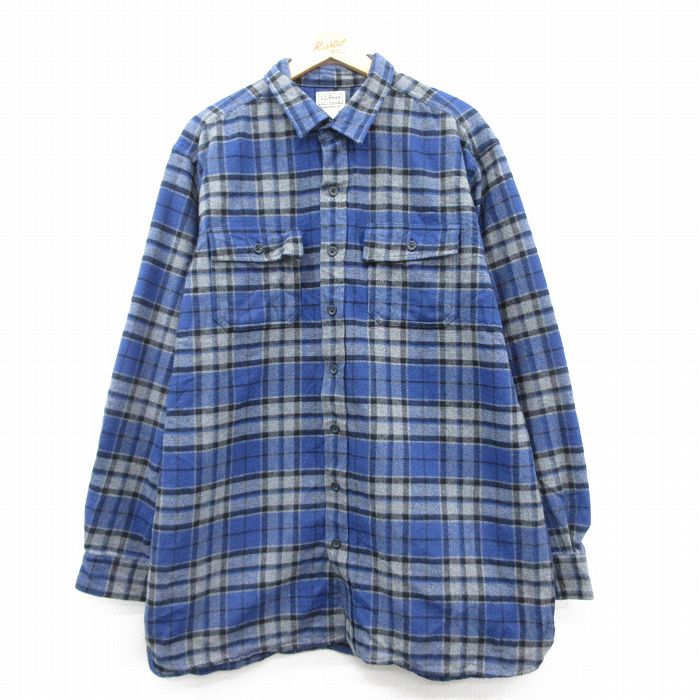XL★古着 エルエルビーン LLBEAN 長袖 ヘビー フランネル シャツ メンズ 00年代 00s 大きいサイズ ロング丈 コットン 青他 ブルー チェック 25mar04 中古 トップス