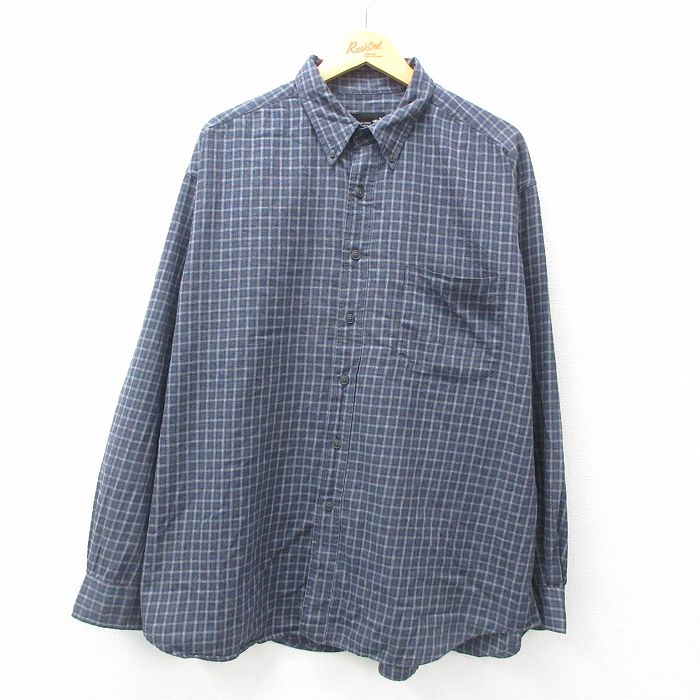 XL★古着 エディーバウアー 長袖 フランネル シャツ メンズ 00年代 00s 大きいサイズ ロング丈 コットン ボタンダウン 紺他 ネイビー チェック 25mar04 中古 トップス