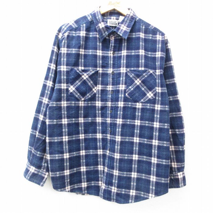 XL★古着 ベーシックエディションズ 長袖 フランネル シャツ メンズ 00年代 00s 大きいサイズ コットン 紺他 ネイビー チェック 25mar04 中古 トップス