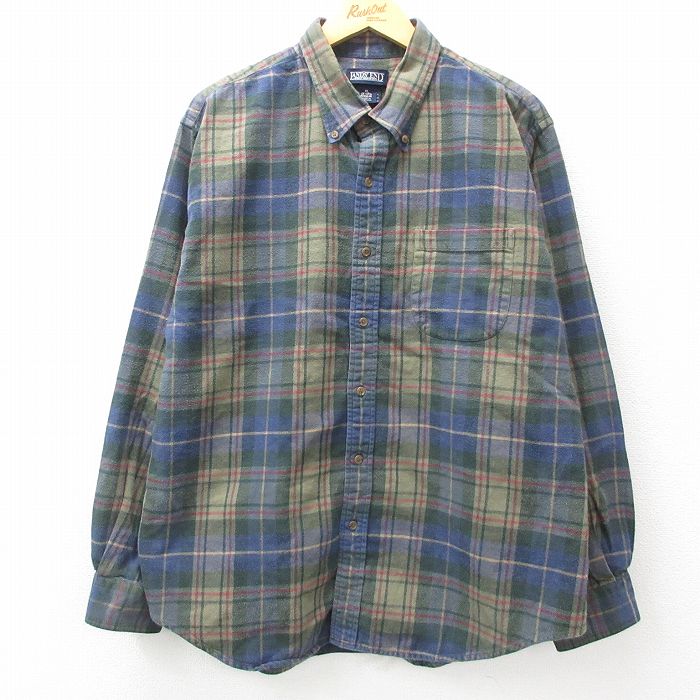 XL★古着 ランズエンド 長袖 フランネル シャツ メンズ 00年代 00s 大きいサイズ コットン ボタンダウン 紺他 ネイビー チェック 25mar04 中古 トップス