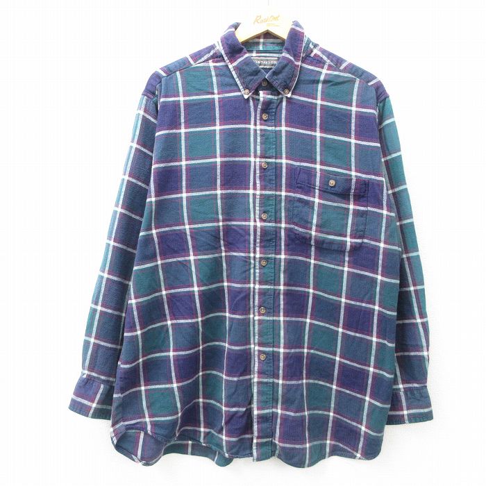 XL★古着 長袖 フランネル シャツ メンズ 90年代 90s 大きいサイズ コットン ボタンダウン 紺他 ネイビー チェック 25mar04 中古 トップス