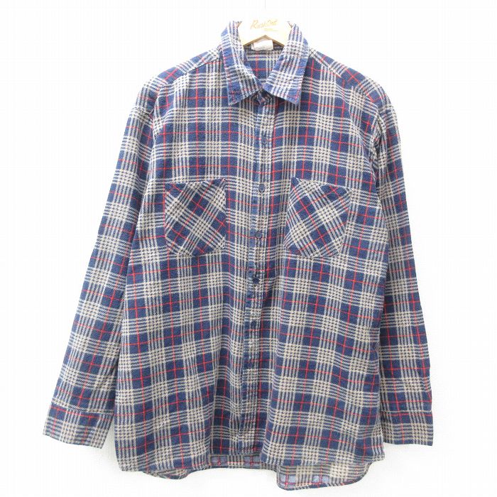 XL★古着 長袖 フランネル シャツ メンズ 90年代 90s コットン 紺他 ネイビー チェック 25mar04 中古 トップス