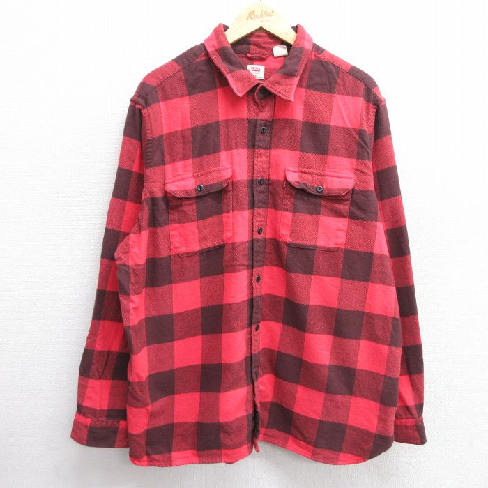 XL★古着 リーバイス Levis 長袖 ヘビー フランネル シャツ メンズ 大きいサイズ コットン 赤他 レッド バッファロー チェック 25mar04 中古 トップス