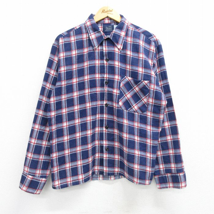 XL★古着 シアーズ 長袖 フランネル シャツ メンズ 80年代 80s USA製 紺他 ネイビー チェック 【spe】 25mar04 中古 トップス