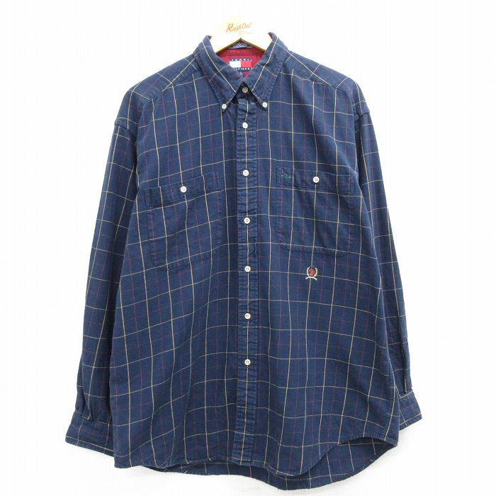 XL★古着 トミーヒルフィガー TOMMY HILFIGER 長袖 ブランド フランネル シャツ メンズ 90年代 90s ワンポイントロゴ コットン ボタンダウン 紺他 ネイビー チェック 【spe】 25mar04 中古 トップス