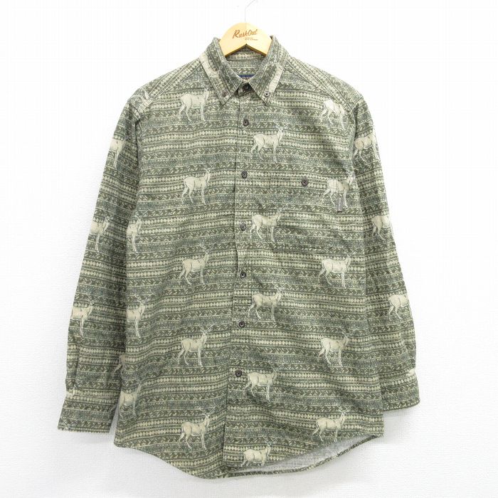 XL★古着 ウールリッチ WOOLRICH 長袖 ヘビー フランネル シャツ メンズ シカ ボタンダウン 緑系他 グリーン 25mar04 中古 トップス