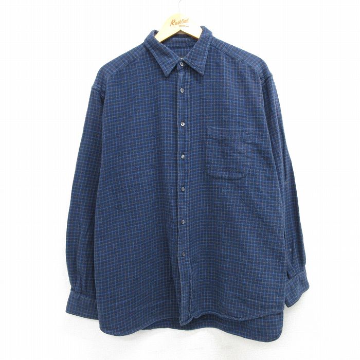 XL★古着 エディーバウアー 長袖 フランネル シャツ メンズ 大きいサイズ コットン 紺他 ネイビー チェック 25mar04 中古 トップス