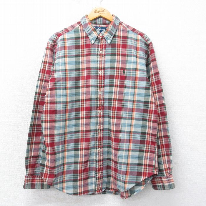 XL★古着 ラルフローレン Ralph Lauren 長袖 ブランド フランネル シャツ メンズ 90年代 90s ワンポイントロゴ コットン ボタンダウン エンジ他 チェック 25mar06 中古 トップス