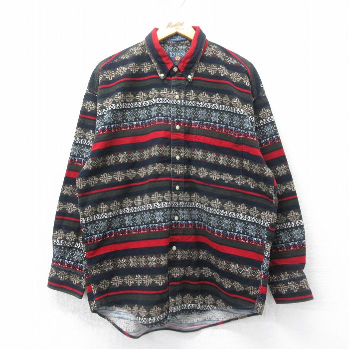XL★古着 ラルフローレン Ralph Lauren チャップス 長袖 ブランド ヘビー フランネル シャツ メンズ 90年代 90s 雪柄 コットン ボタンダウン 緑他 グリーン 25mar06 中古 トップス