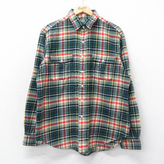 XL★古着 ラルフローレン Ralph Lauren 長袖 ブランド フランネル シャツ メンズ 90年代 90s コットン 緑他 グリーン チェック 25mar06 中古 トップス