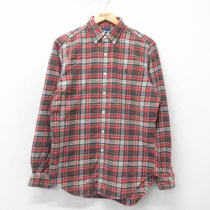 L★古着 ラルフローレン Ralph Lauren 長袖 ブランド フランネル シャツ メンズ 90年代 90s ワンポイントロゴ コットン ボタンダウン 赤他 レッド チェック 25mar06 中古 トップス