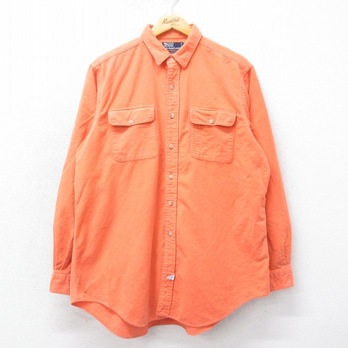 XL★古着 ラルフローレン Ralph Lauren 長袖 ブランド フランネル シャツ メンズ 90年代 90s 大きいサイズ ロング丈 コットン オレンジ 25mar06 中古 トップス