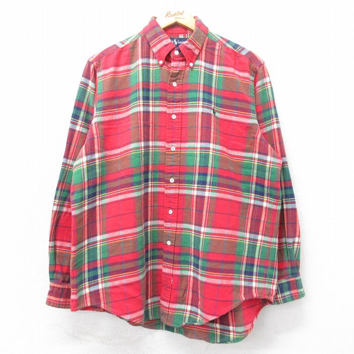 XL★古着 ラルフローレン Ralph Lauren 長袖 ブランド フランネル シャツ メンズ 90年代 90s ワンポイントロゴ コットン ボタンダウン 赤他 レッド チェック 25mar06 中古 トップス