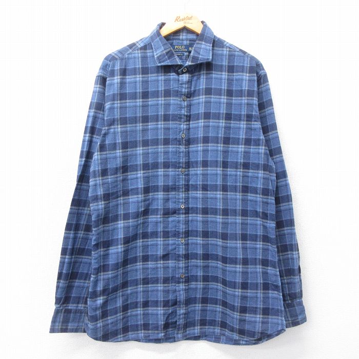 XL★古着 ラルフローレン Ralph Lauren 長袖 ブランド フランネル シャツ メンズ ロング丈 紺他 ネイビー チェック 25mar06 中古 トップス