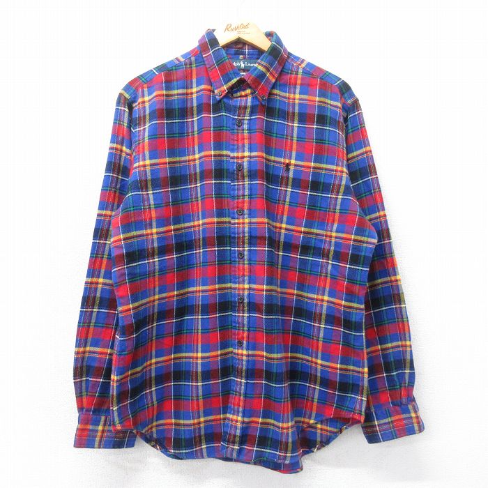 XL★古着 ラルフローレン Ralph Lauren 長袖 ブランド フランネル シャツ メンズ 90年代 90s コットン ボタンダウン 青他 ブルー チェック 25mar06 中古 トップス