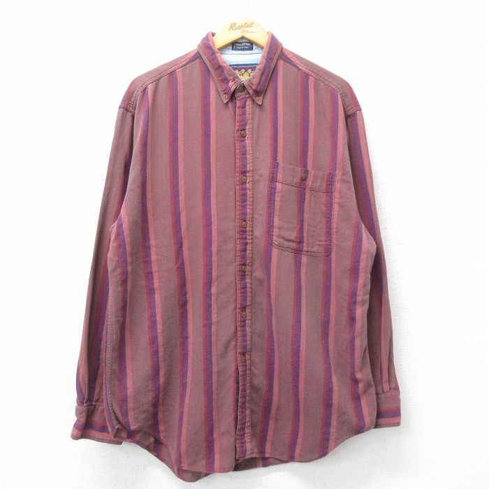 XL★古着 ラルフローレン Ralph Lauren チャップス 長袖 ブランド フランネル シャツ メンズ 80年代 80s ロング丈 コットン ボタンダウン 茶他 ブラウン ストライプ 25mar06 中古 トップス