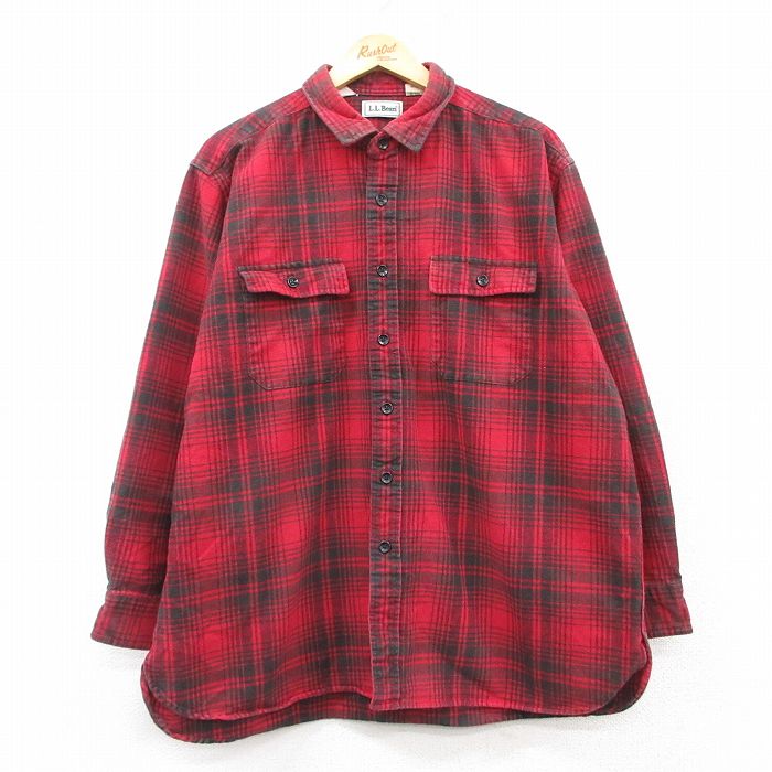 XL★古着 エルエルビーン LLBEAN 長袖 ヘビー フランネル シャツ メンズ 90年代 90s 大きいサイズ コットン 赤他 レッド チェック 25mar07 中古 トップス