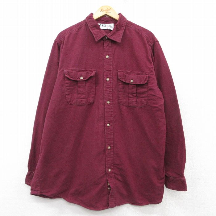 XL★古着 キングサイズ 長袖 ヘビー フランネル シャツ メンズ 大きいサイズ ロング丈 コットン エンジ 【spe】 25mar07 中古 トップス