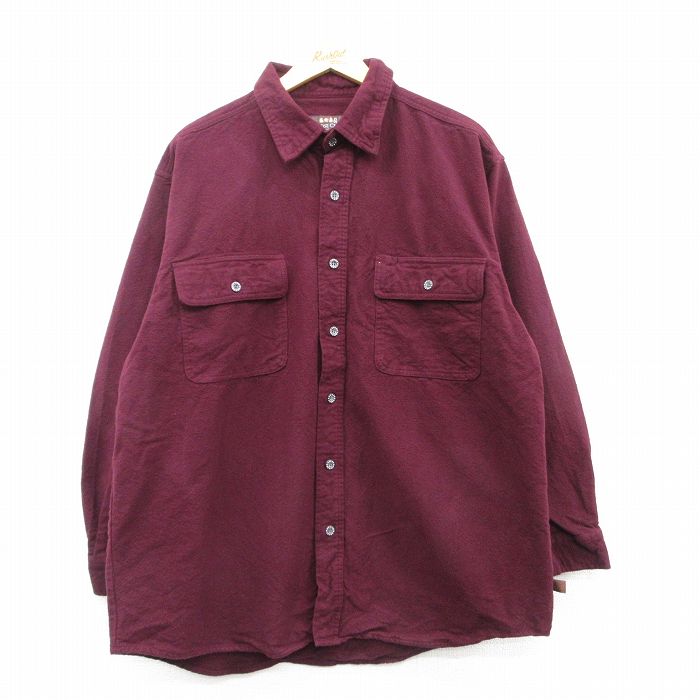 XL★古着 長袖 ヘビー フランネル シャツ メンズ 大きいサイズ コットン エンジ 25mar07 中古 トップス
