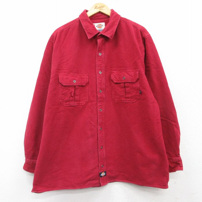 XL★古着 ディッキーズ Dickies 長袖 ヘビー フランネル シャツ メンズ 00年代 00s 大きいサイズ コットン 赤 レッド 25mar07 中古 トップス