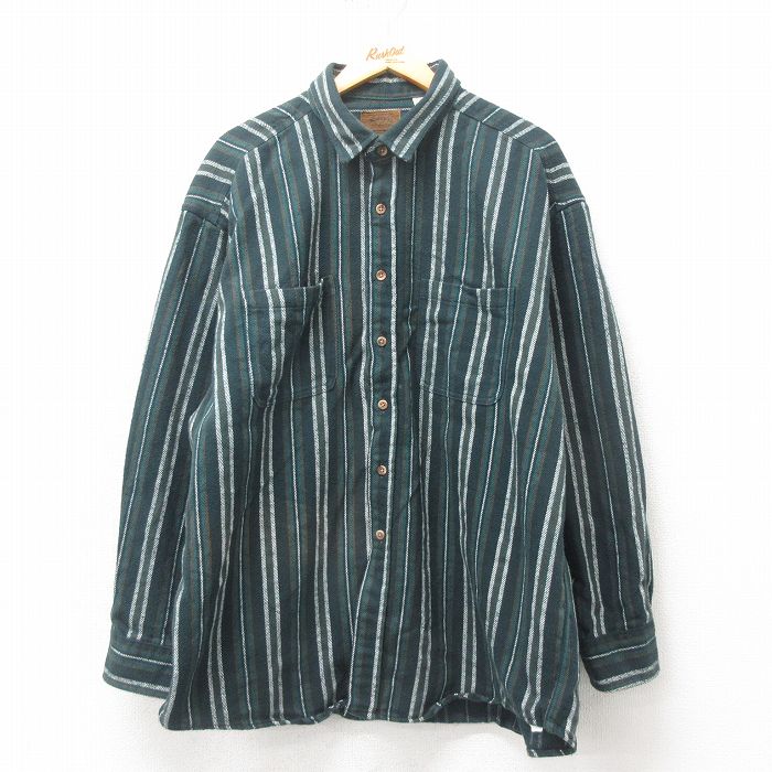 XL★古着 セントジョンズベイ 長袖 ヘビー フランネル シャツ メンズ 大きいサイズ ロング丈 コットン 緑 グリーン 25mar10 中古 トップス
