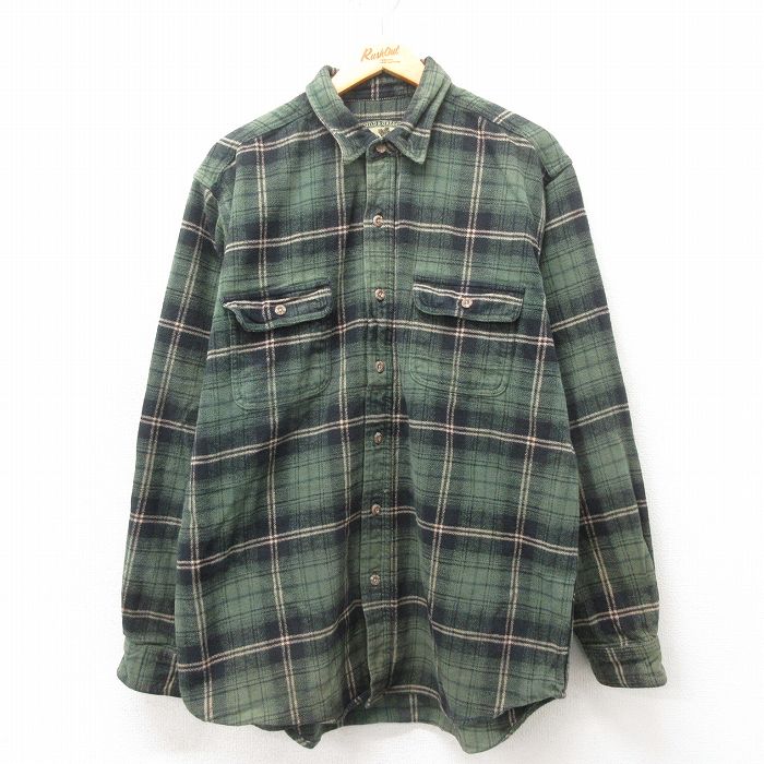 L★古着 長袖 ヘビー フランネル シャツ メンズ コットン 緑 グリーン チェック 25mar10 中古 トップス