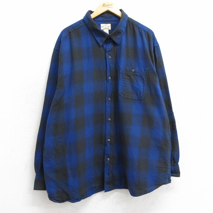 XL★古着 長袖 フランネル シャツ メンズ 大きいサイズ ロング丈 コットン 青他 ブルー チェック 25mar10 中古 トップス