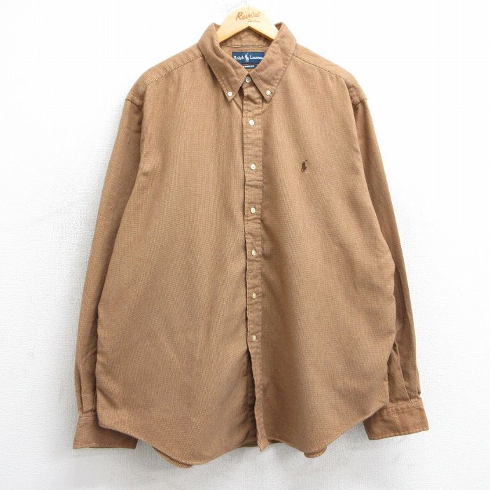 XL★古着 ラルフローレン Ralph Lauren 長袖 ブランド フランネル シャツ メンズ 90年代 90s ワンポイントロゴ 大きいサイズ ロング丈 コットン ボタンダウン 茶他 ブラウン チェック 25mar10 中古 トップス
