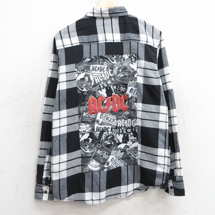 S★古着 長袖 ロック バンド フランネル シャツ メンズ AC/DC 黒他 ブラック チェック 25mar10 中古 トップス