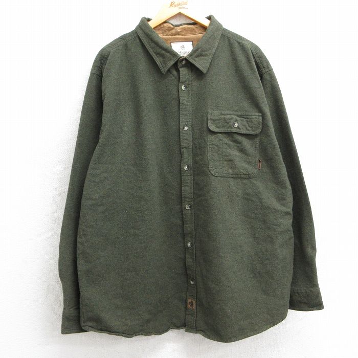XL★古着 長袖 ヘビー フランネル シャツ メンズ 大きいサイズ ロング丈 コットン 濃緑 グリーン 25mar10 中古 トップス