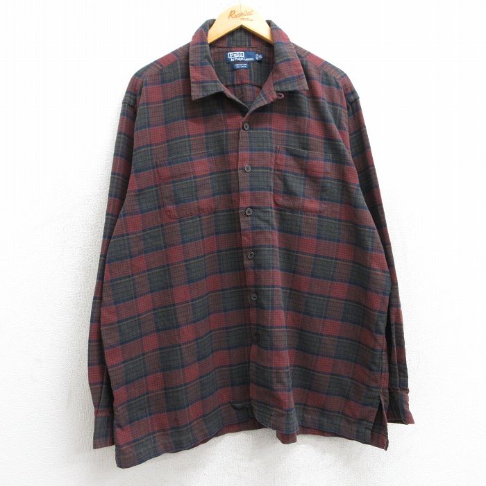XL★古着 ラルフローレン Ralph Lauren 長袖 ブランド フランネル シャツ メンズ 90年代 90s VINTAGE CAMP 大きいサイズ コットン 開襟 オープンカラー 赤他 レッド チェック 【spe】 25mar10 中古 トップス