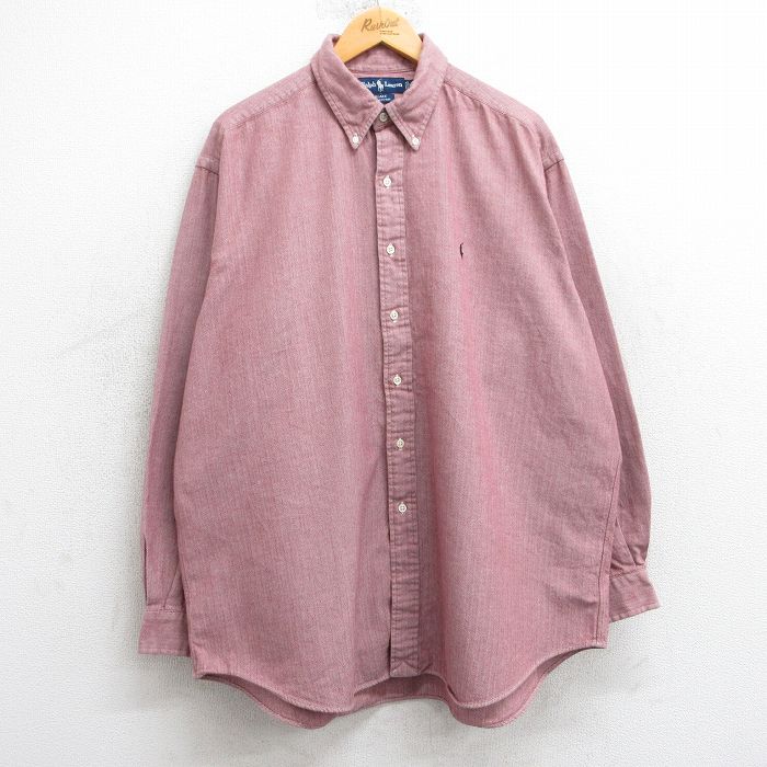 XL★古着 ラルフローレン Ralph Lauren 長袖 ブランド フランネル シャツ メンズ 90年代 90s ワンポイントロゴ BLAKE 大きいサイズ ロング丈 コットン ボタンダウン 赤他 レッド 25mar10 中古 トップス