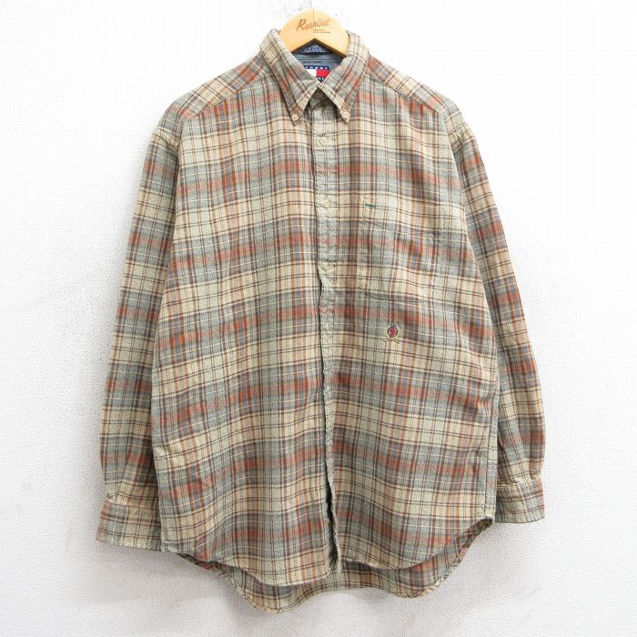 【20%OFF】L★古着 トミーヒルフィガー TOMMY HILFIGER 長袖 ブランド フランネル シャツ メンズ 90年代 90s ワンポイントロゴ コットン ボタンダウン ベージュ他 カーキ チェック 25mar10 中古 トップス