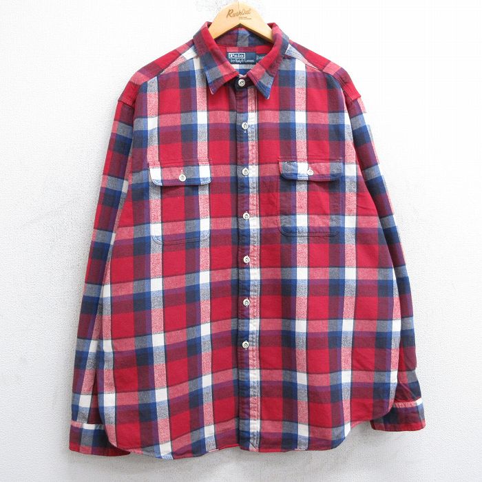 XL★古着 ラルフローレン Ralph Lauren 長袖 ブランド フランネル シャツ メンズ 90年代 90s 大きいサイズ コットン 赤他 レッド チェック 25mar11 中古 トップス