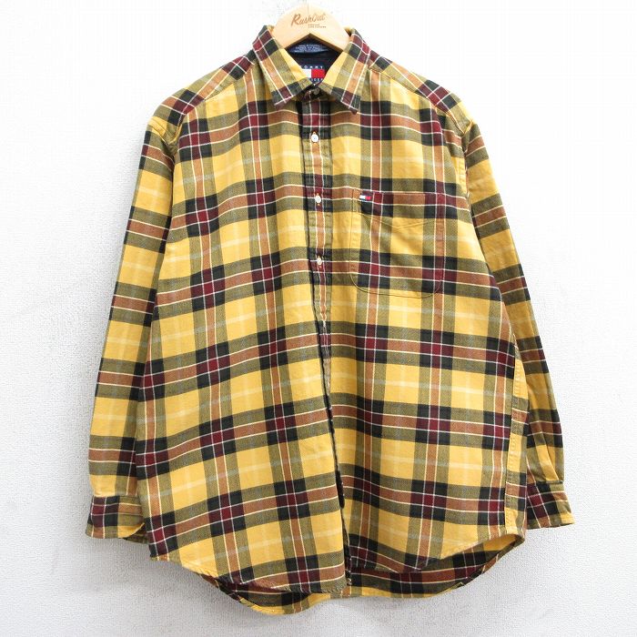XL★古着 トミーヒルフィガー TOMMY HILFIGER 長袖 ブランド フランネル シャツ メンズ 90年代 90s ワンポイントロゴ コットン 黄他 イエロー チェック 25mar11 中古 トップス