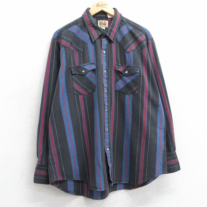 【20%OFF】XL★古着 ELY 長袖 ウエスタン フランネル シャツ メンズ 90年代 90s 大きいサイズ 黒他 ブラック ストライプ 25mar11 中古 トップス