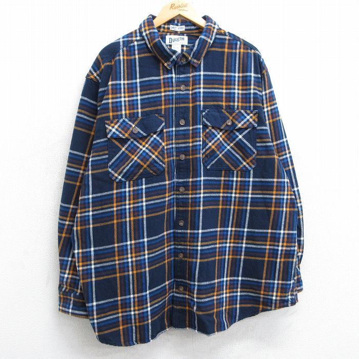 XL★古着 長袖 ヘビー フランネル シャツ メンズ 大きいサイズ ロング丈 コットン ボタンダウン 紺他 ネイビー チェック 25mar11 中古 トップス