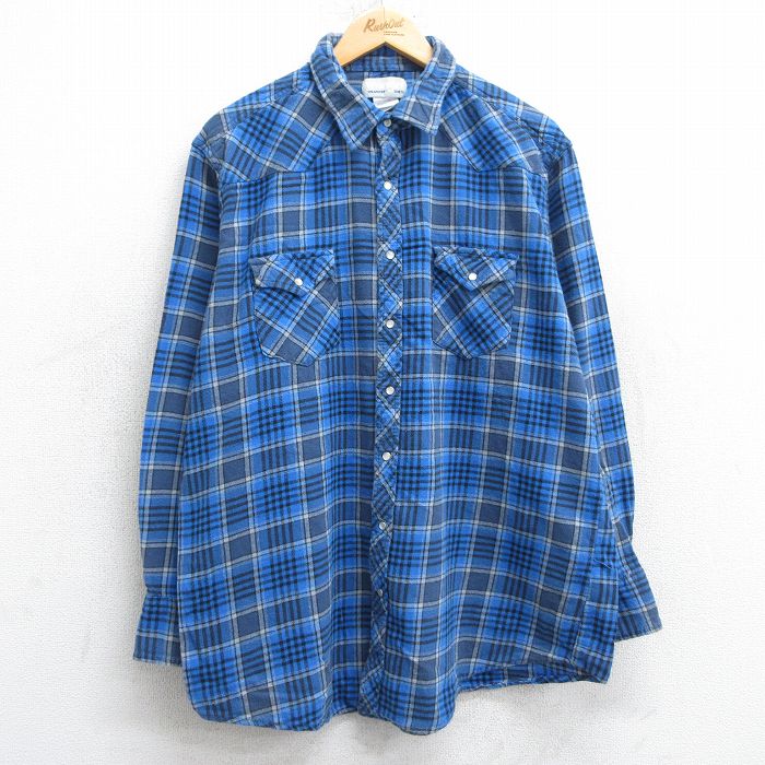 XL★古着 ラングラー Wrangler 長袖 ウエスタン フランネル シャツ メンズ 大きいサイズ コットン 青他 ブルー チェック 25mar11 中古 トップス
