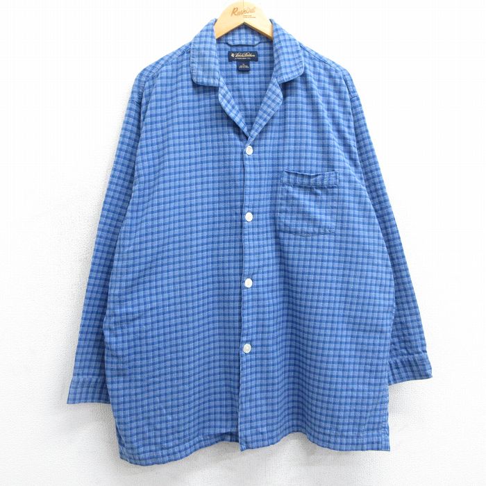 XL★古着 ブルックスブラザーズ BROOKS BROTHERS 長袖 ブランド パジャマ フランネル シャツ メンズ 00年代 00s 大きいサイズ コットン 開襟 オープンカラー 薄紺他 ネイビー チェック 【spe】 25mar11 中古 トップス
