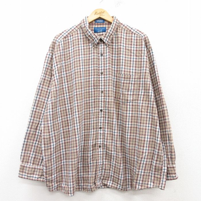 XL★古着 タウンクラフト 長袖 フランネル シャツ メンズ 90年代 90s 大きいサイズ ロング丈 コットン ボタンダウン ベージュ他 カーキ チェック 25mar12 中古 トップス