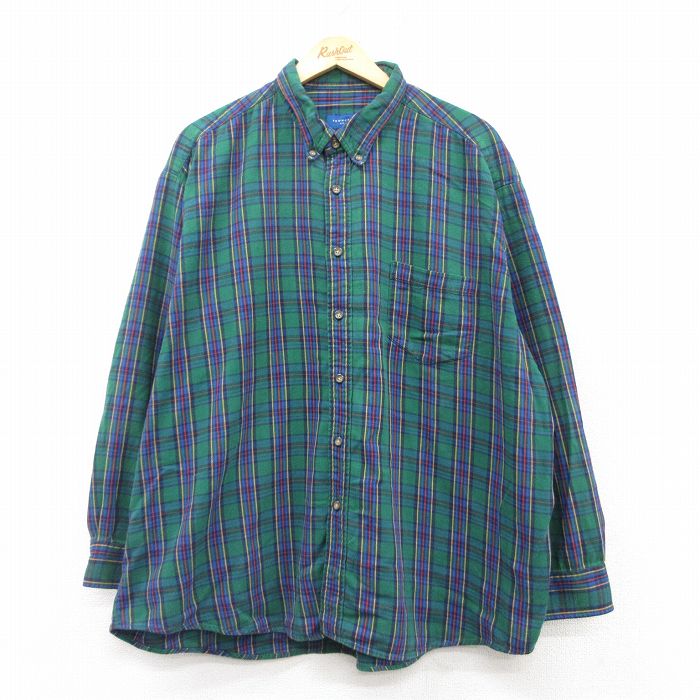 XL★古着 タウンクラフト 長袖 フランネル シャツ メンズ 90年代 90s 大きいサイズ コットン ボタンダウン 緑他 グリーン チェック 25mar12 中古 トップス