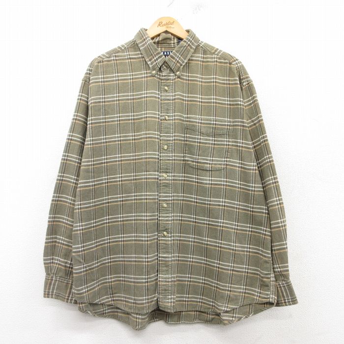 XL★古着 長袖 フランネル シャツ メンズ 90年代 90s 大きいサイズ コットン ボタンダウン 緑系他 グリーン チェック 25mar12 中古 トップス