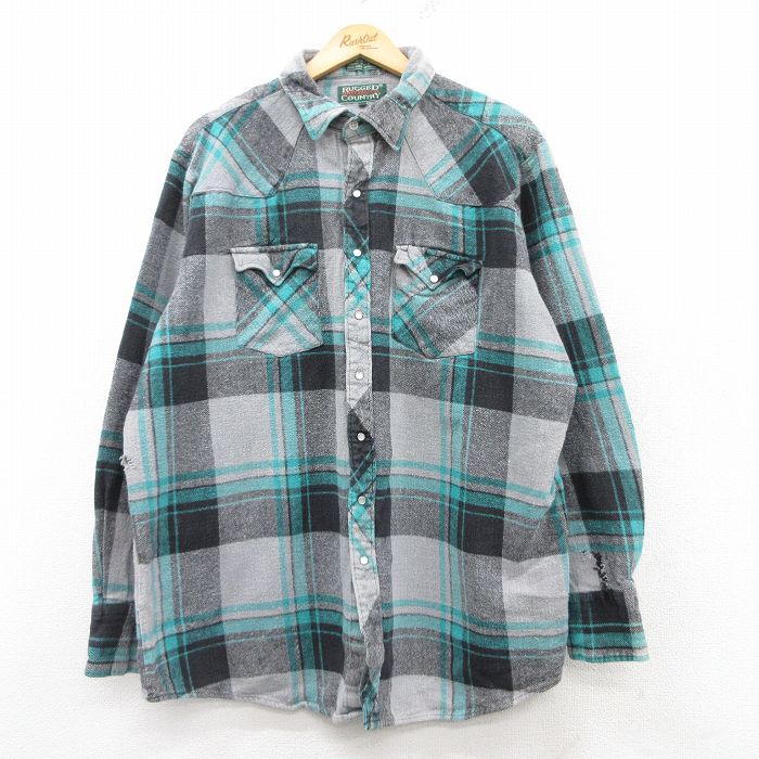 XL★古着 長袖 ウエスタン ヘビー フランネル シャツ メンズ グレー他 チェック 25mar12 中古 トップス