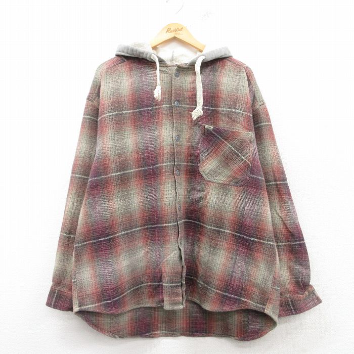 XL★古着 クイックシルバー QUIKSILVER 長袖 ヘビー フランネル シャツ パーカー メンズ 90年代 90s 大きいサイズ コットン グレー他 チェック 【spe】 25mar12 中古 トップス