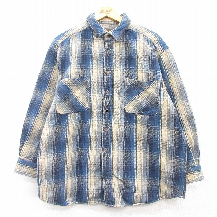 XL★古着 セントジョンズベイ 長袖 ヘビー フランネル シャツ メンズ コットン 紺他 ネイビー チェック 25mar12 中古 トップス