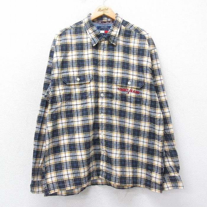 XL★古着 トミーヒルフィガー TOMMY HILFIGER 長袖 ブランド フランネル シャツ メンズ 90年代 90s ワンポイントロゴ 大きいサイズ コットン 紺他 ネイビー チェック 25mar12 中古 トップス