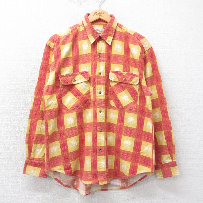 L★古着 長袖 ランネル シャツ メンズ コットン 黄他 イエロー チェック 25mar12 中古 トップス