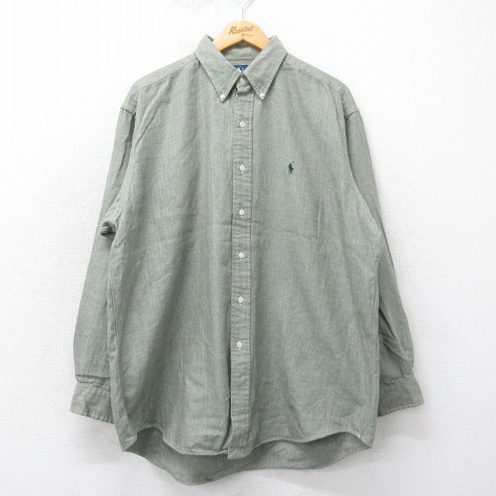XL★古着 ラルフローレン Ralph Lauren 長袖 ブランド フランネル シャツ メンズ 90年代 90s BLAKE ワンポイントロゴ ヘリンボーン 大きいサイズ ロング丈 コットン ボタンダウン 緑系他 グリーン 【spe】 25mar12 中古 トップス