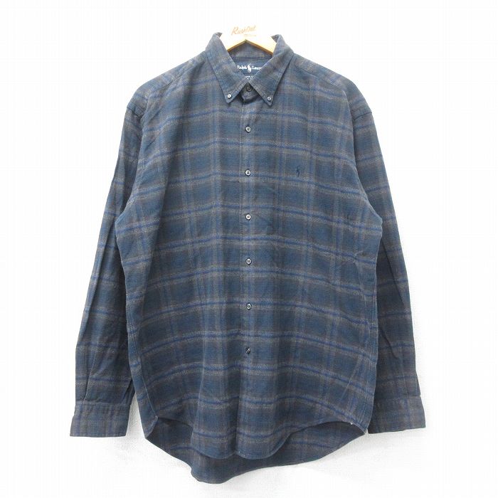 XL★古着 ラルフローレン Ralph Lauren 長袖 ブランド フランネル シャツ メンズ 90年代 90s MARLOWE ワンポイントロゴ コットン ボタンダウン 紺他 ネイビー チェック 【spe】 25mar12 中古 トップス